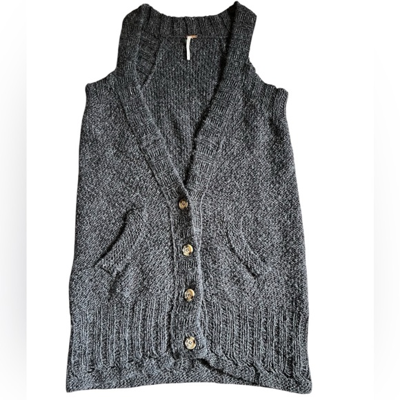 Free People Charcoal Knit Button Front Cardigan Vest Sz Lg - Picture 2 of 8